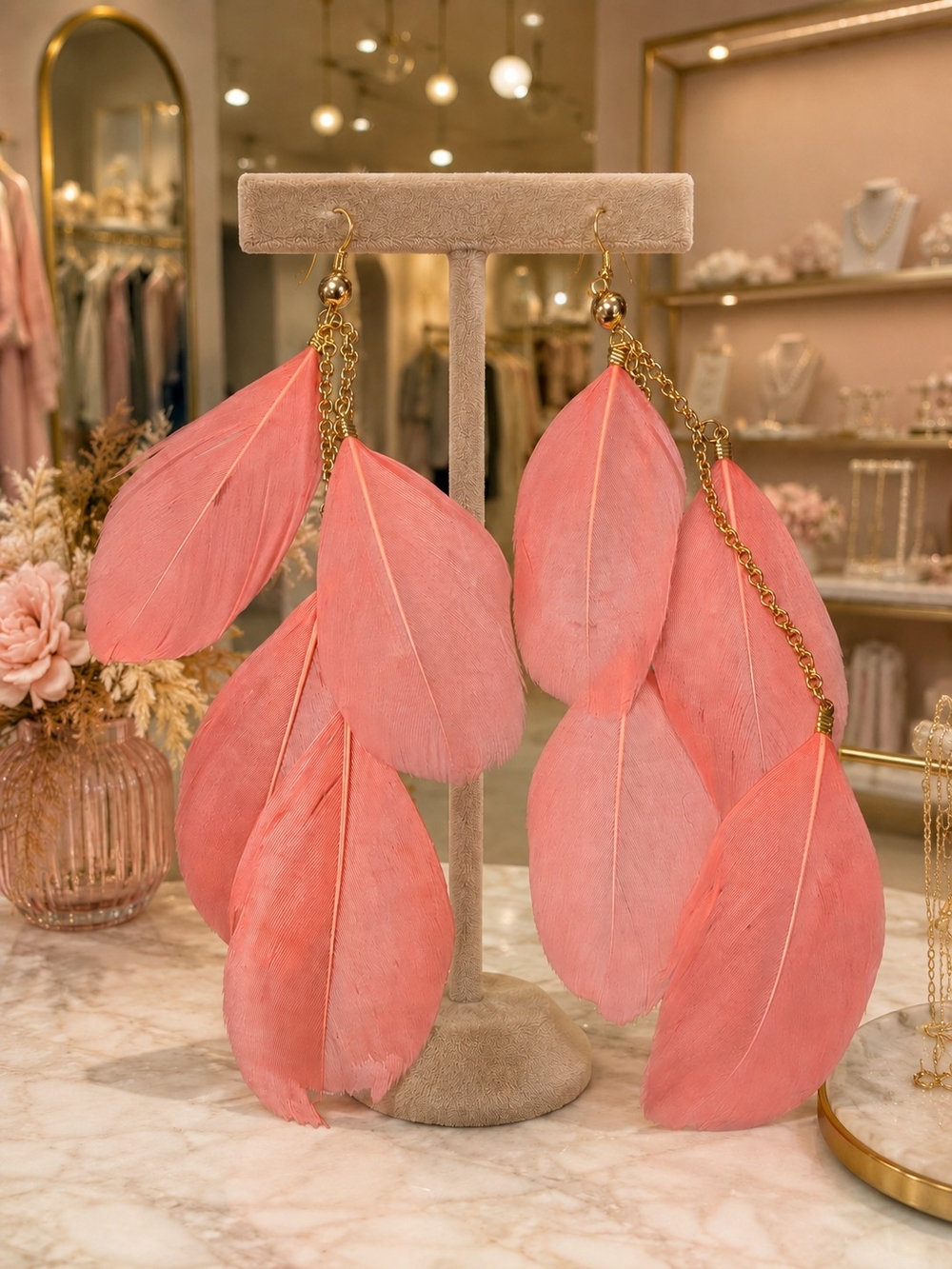 Hand Crafted Pink Feather and Gold Chain Drop Earrings
